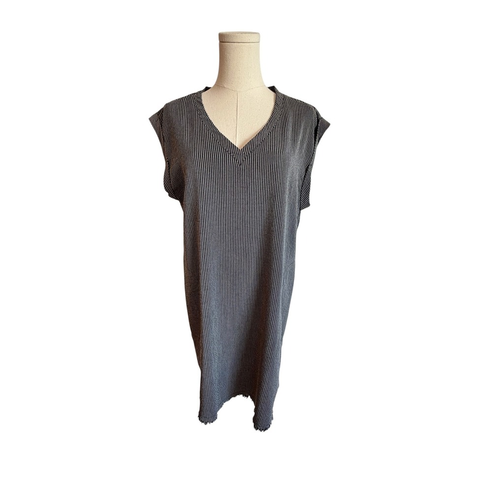 Umgee Womens Black White Striped‎ Ribbed V-Neck Shift Dress Frayed Hem Pockets S